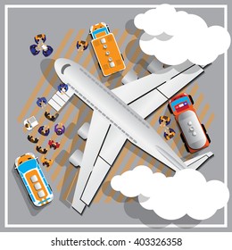 Preparation of aircraft for flight. View from above. Vector illustration. Applique with realistic shadows.