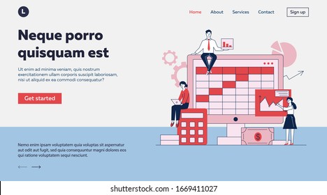 Preparation for bookkeeping or annual report vector illustration. Accountants making analyses, calculations, and balance sheet with software concept for presentation