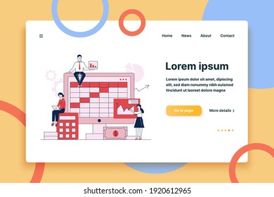 Preparation for bookkeeping or annual report vector illustration. Accountants making analyses, calculations, and balance sheet with software concept for presentation