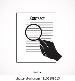 Preparation business contract. Read full contract on clipboard use magnifying glass. illustration of business contract with loupe. 