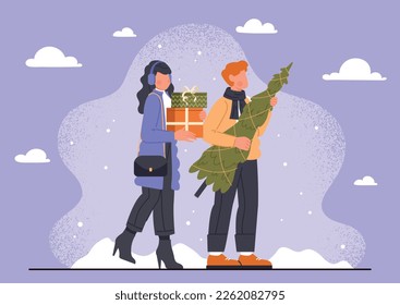 Preparation for celebration. Man with Christmas tree and woman with gift boxes. Present and surprise, winter holidays and festivals, New Year. Culture and traditions. Cartoon flat vector illustration