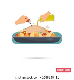 Preparation of chicken with vegetables for baking color flat illustration