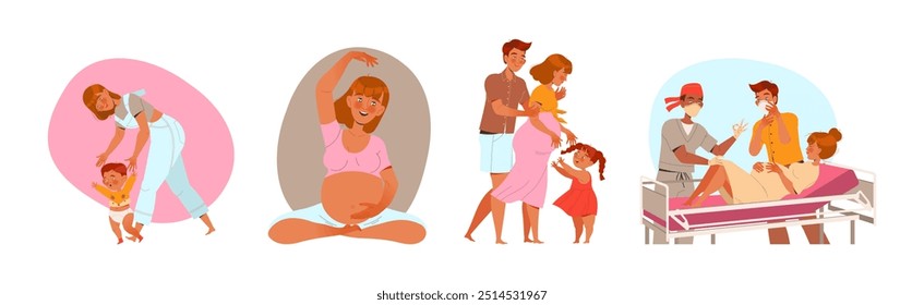 Preparation for Childbirth and Development with Pregnant Woman and Husband Vector Set