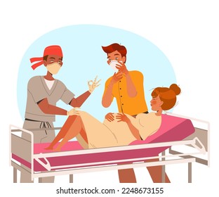 Preparation for Childbirth with Pregnant Woman and Her Husband at Hospital Bed with Doctor Delivering Baby Vector Illustration