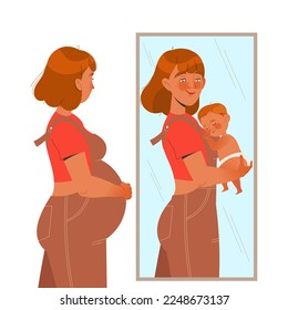 Preparation for Childbirth with Pregnant Woman Standing In Front of Mirror with Her Reflection Holding Baby Vector Illustration