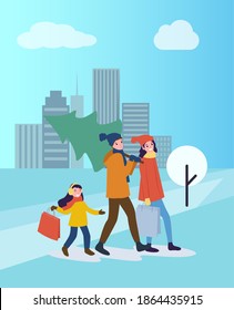 Preparation for Christmas holidays, winter city park vector. Family with evergreen pine tree and packages with bought items, cityscape snowy weather