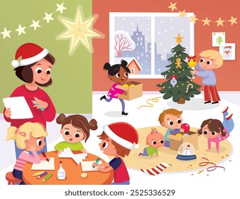 Preparation for Christmas in kindergarten. Children making decorations for holidays. Decorating auditorium. Creative Arts and Crafts Classes. Teacher and kids make paper DIY. 