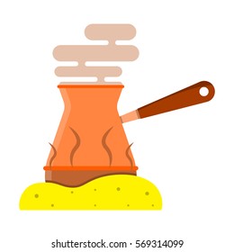 preparation of coffee in the cezve, the coffee maker and sand, flat design,vector image
