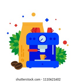 Preparation of coffee using the coffee machine. Vector illustration. Separate objects. To illustrate articles, reports, blogs, news for posting on websites and print media.