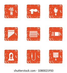 Preparation of concert icons set. Grunge set of 9 preparation of concert vector icons for web isolated on white background