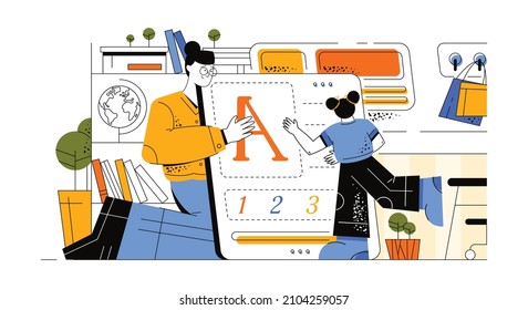 Preparation for the Day of Knowledge. The teacher shows a huge letter on the dashboard. The girl reads letters.The teacher teaches children to write, read and count, Flat vector illustration