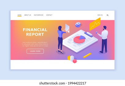 Preparation for delivery financial report. Accountants analyze profits with marketing data. Market commercial infographics for business audit. Tax charts. Vector landing page isometric template