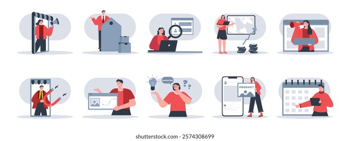 Preparation of digital marketing process in the audience. Character design. Vector flat illustration packs