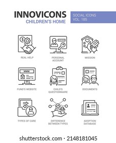 Preparation of documents for adoption - line design style icons set with editable stroke. Real help, personal account and database, mission, questionnaire for the child. Care and helping orphans idea