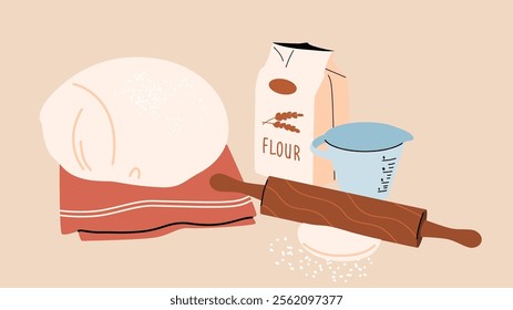 Preparation of the dough. Flour and rolling pin.