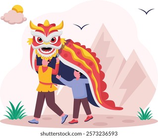 Preparation Dragon Dance Performance Show concept, loong flexible giant puppet vector design, Chinese New Years Beginnings scene, Zodiac Wood Snake 2025 banner, China Spring Festival illustration