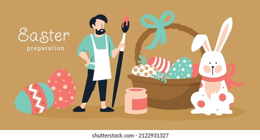 Preparation for the Easter holiday. A man with a brush paints Easter eggs. Vector image. 