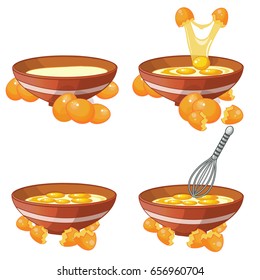 Preparation of eggs, whisk egg, amlet in a plate, dough in a plate. Vector cartoon illustration set