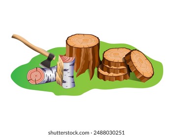 Preparation of firewood. Cut down trees and axe. Vector 3d illustration