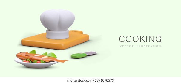 Preparation of fish dishes. Advertisement of culinary course with seafood. Color horizontal template with 3D illustration. Web design for landing page, banner, flyer