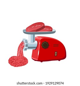 Preparation forcemeat in electric meat grinder. Vector illustration flat cartoon icon isolated on white background.