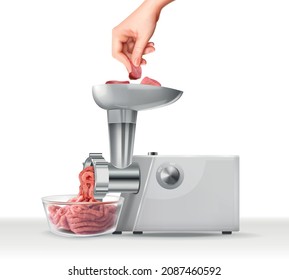 Preparation forcemeat manually at home in electric meat grinder realistic background vector illustration