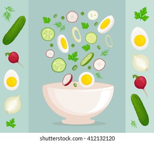 Preparation of fresh salad. Side view. Vector illustration. Ingredients for salad with radishes, cucumber, egg, onion, parsley and dill
