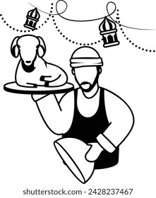 preparation of halal meat Vector Design, Eid al-Adha or Eid-ul-Kabir Symbol, Muslims religious Festival stock illustration, Chef Holding Cloche and Exposing Sheep Concept