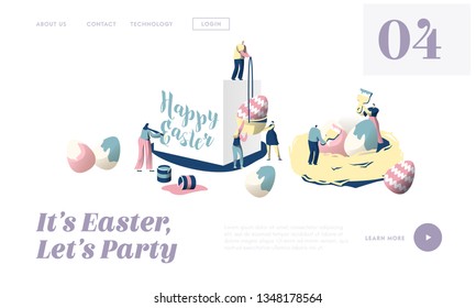 Preparation for Happy Easter Traditional Religious Spring Holiday Concept Landing Page. Cute People Character Together Decorate Ornament Egg Website or Web Page. Flat Cartoon Vector Illustration