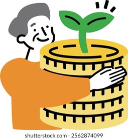 In preparation for a heavy future: Senior man's money increasing pension, savings, savings and investment illustration