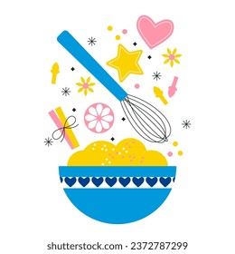 Preparation homemade pastry or baking. Cooking dessert, holiday cookies. Christmas gingerbread. Mixing ingredients preparing dough in bowl vector flat illustration. Dessert ingredients and utensils.