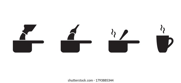 Preparation of hot chocolate on stove. Silhouette icons set. Pour milk into saucepan, add cocoa, stir, warm up. Basic recipe of drink. Home cooking instruction. Black flat vector, simple illustration