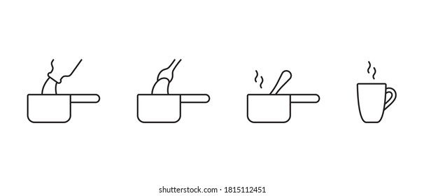 Preparation of hot chocolate on stove. Pour milk into saucepan, add cocoa, stir, warm up. Basic recipe of drink. Home cooking instruction. Linear icons set. Black contour vector, simple illustration