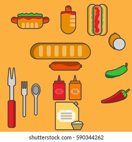 preparation of hot dog,fork, spoon, sausage, roll, ketchup, mayonnaise, mustard, onions,cucumber, pepper, ingredient, vector image, flat design,