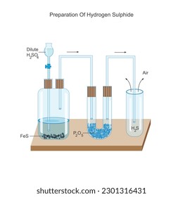 Preparation of hydrogen sulphide in laboratory. Sulphuretted hydrogen. Ferrous sulphide and dilute sulphuric acid react to give hydrogen sulphide. Chemical illustration.