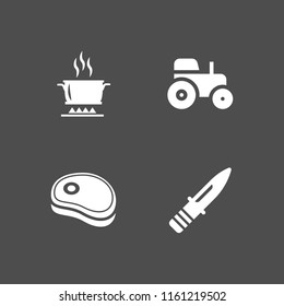 preparation icon. 4 preparation set with knife, cook, tractor and meat vector icons for web and mobile app