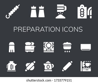preparation icon set. 14 filled preparation icons.  Simple modern icons such as: Skewer, Salt, Sieve, Cutting board, Kettle, Rolling pin, Toaster, 3d printing scanner, Cooking