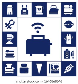 preparation icon set. 17 filled preparation icons. Included Salt, Tongs, Sieve, Toaster, Soup, Apron, Cutting board, Kettle, Piping bag, 3d printing scanner, Pastry bag icons