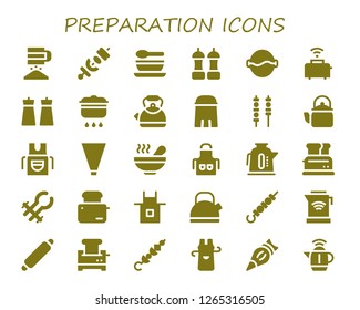  preparation icon set. 30 filled preparation icons. Simple modern icons about  - Sieve, Skewer, Soup, Salt, Toaster, Cooking, Kettle, Skewers, Apron, Piping bag, Tongs, Rolling pin