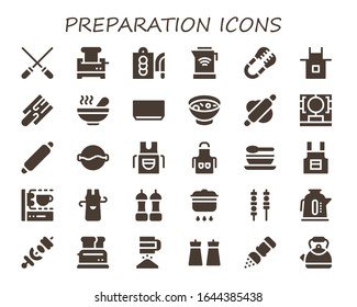 preparation icon set. 30 filled preparation icons.  Simple modern icons such as: Skewers, Toaster, Cutting board, Kettle, Tongs, Apron, Soup, Rolling pin, 3d printing scanner