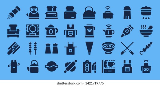 preparation icon set. 32 filled preparation icons. on blue background style Simple modern icons about  - Salt, Toaster, Cutting board, Apron, Kettle, 3d printing scanner, Skewers