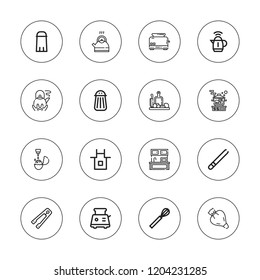 Preparation icon set. collection of 16 outline preparation icons with apron, boiled, cooking, kettle, kitchen, pastry bag, salt, toaster, whisk icons.