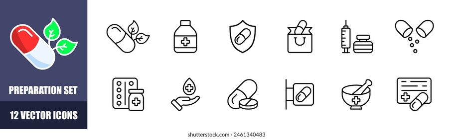 Preparation icons set. Pill icons. Linear style. Vector icons