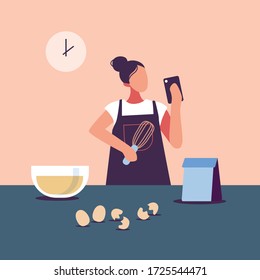 Preparation of ingredients and learning how to make from youtube mobile application for making homemade cake with cream and strawberries. Vector illustration.
