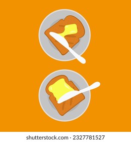 Preparation Knife spreading butter process on bread vector. appetizing melted margarine or cheese spread served for breakfast. eating tasty toast flat design. unhealthy cholesterol food illustration 