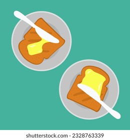 Preparation Knife spreading butter process on bread vector. appetizing melted margarine or cheese spread served for breakfast. eating tasty toast flat design. unhealthy cholesterol food illustration