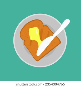 Preparation Knife spreading butter process on bread vector. appetizing melted margarine or cheese spread served for breakfast. eating tasty toast flat design. unhealthy cholesterol food illustration