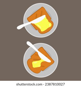 Preparation Knife spreading butter process on bread vector. appetizing melted margarine or cheese spread served for breakfast. eating tasty toast flat design. unhealthy cholesterol food illustration