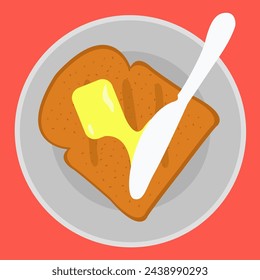 Preparation Knife spreading butter process on bread vector. appetizing melted margarine or cheese spread served for breakfast. eating tasty toast flat design. unhealthy cholesterol food illustration