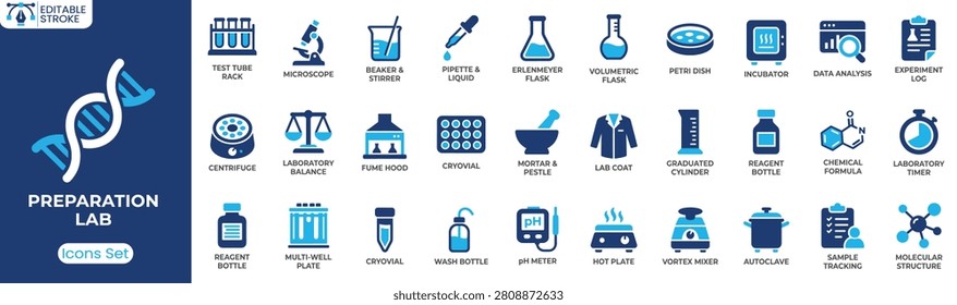 Preparation lab icon set. Containing microscope, test tube rack, Erlenmeyer flask, pipette, pH meter and more. Solid vector icons collection